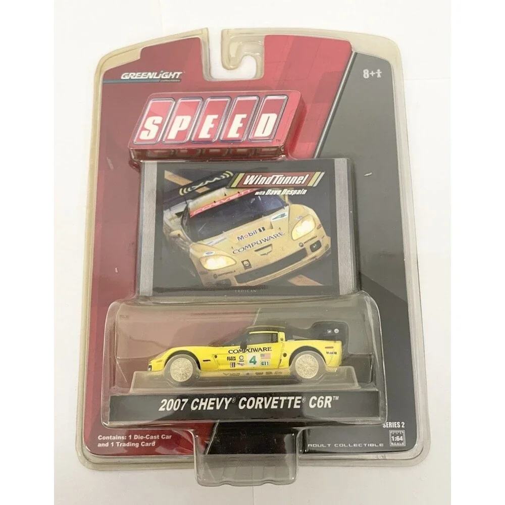 NEW GreenLight Speed 2007 Chevy Corvette C6R 1/64 Diecast Yellow & Trading Card